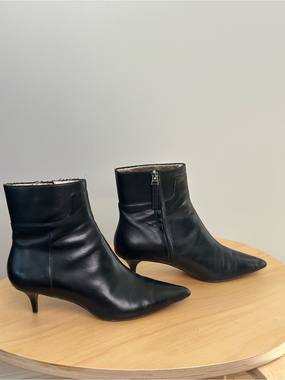 Zara Black Leather Pointed Ankle Booties with Kitten Heel